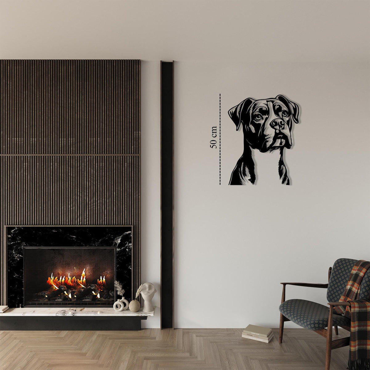 Boxer Dog Metal Art in a modern hallway