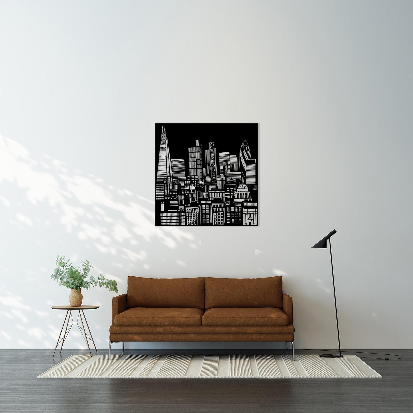London Skyline Metal Wall Art shown on a living room wall