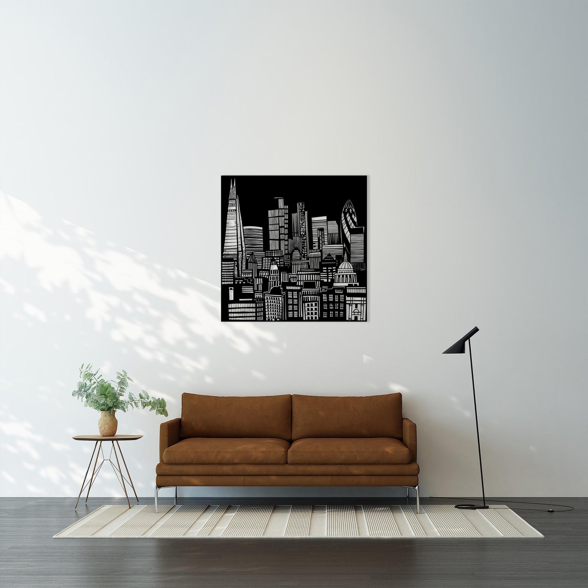 London Skyline Metal Wall Art shown on a living room wall