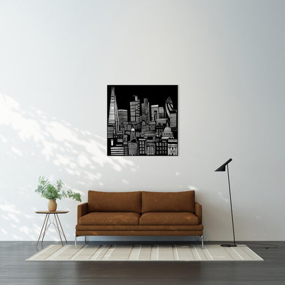 London Skyline Metal Wall Art shown on a living room wall