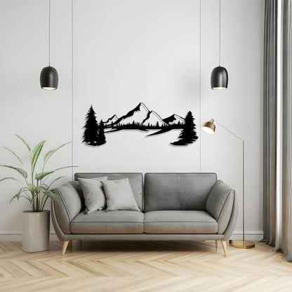 Rustic Mountain Metal Wall Art size guide with dimensions in cm and inches