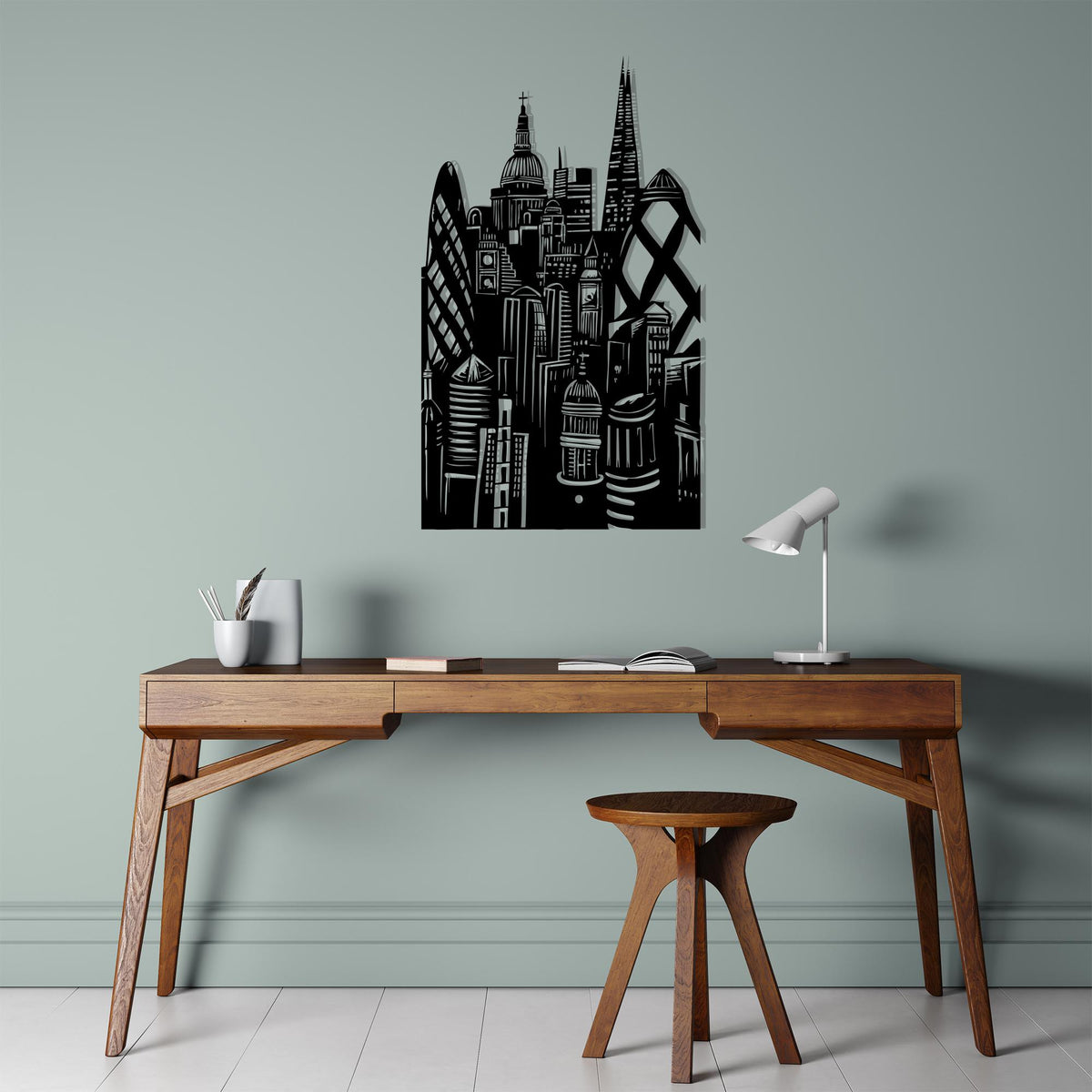 London Skyline Metal Wall Art in a modern hallway