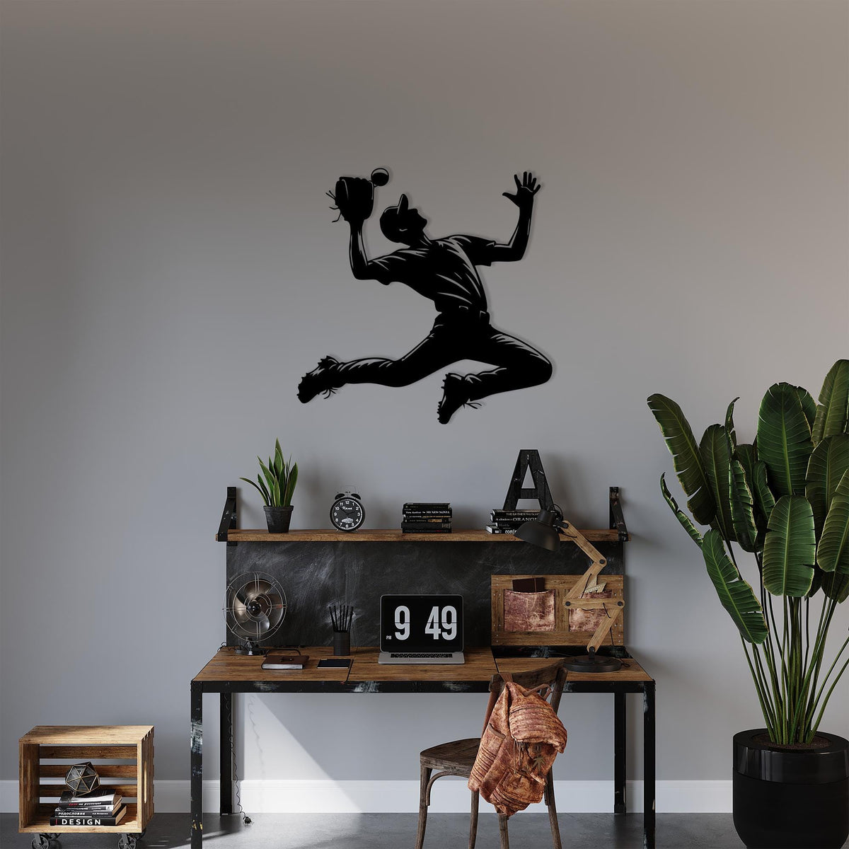 Baseball Player Metal Wall Art styled above a sofa