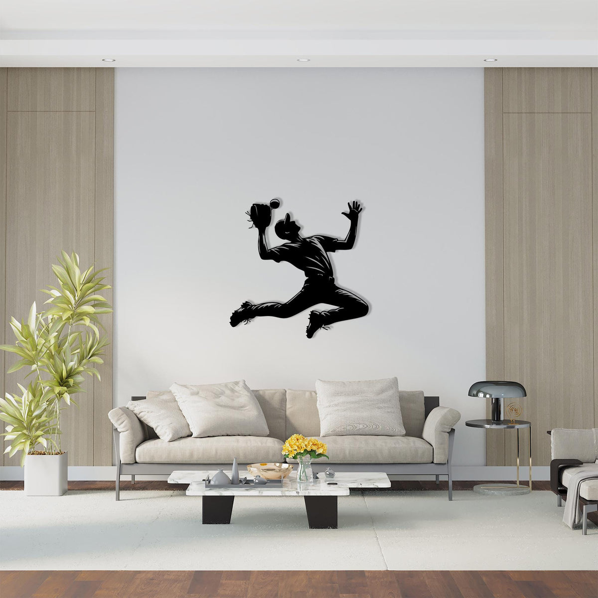 Baseball Player Metal Wall Art in a modern hallway