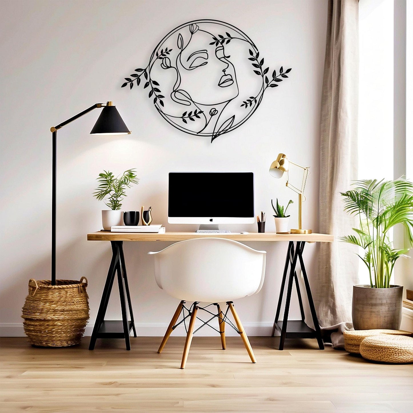 Abstract Face Metal Wall Art, Botanical Line Drawing