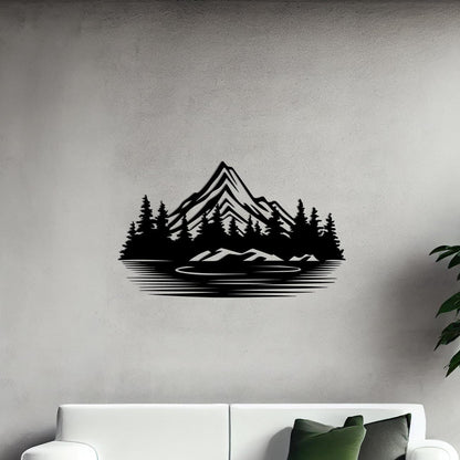Black Metal Mountain Lake Wall Art shown on a living room wall