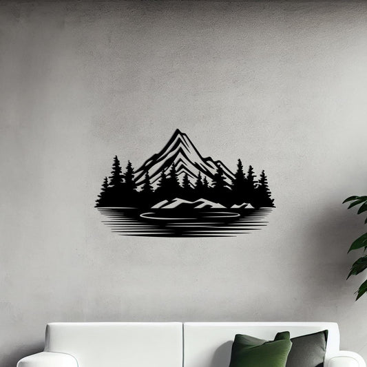 Black Metal Mountain Lake Wall Art shown on a living room wall