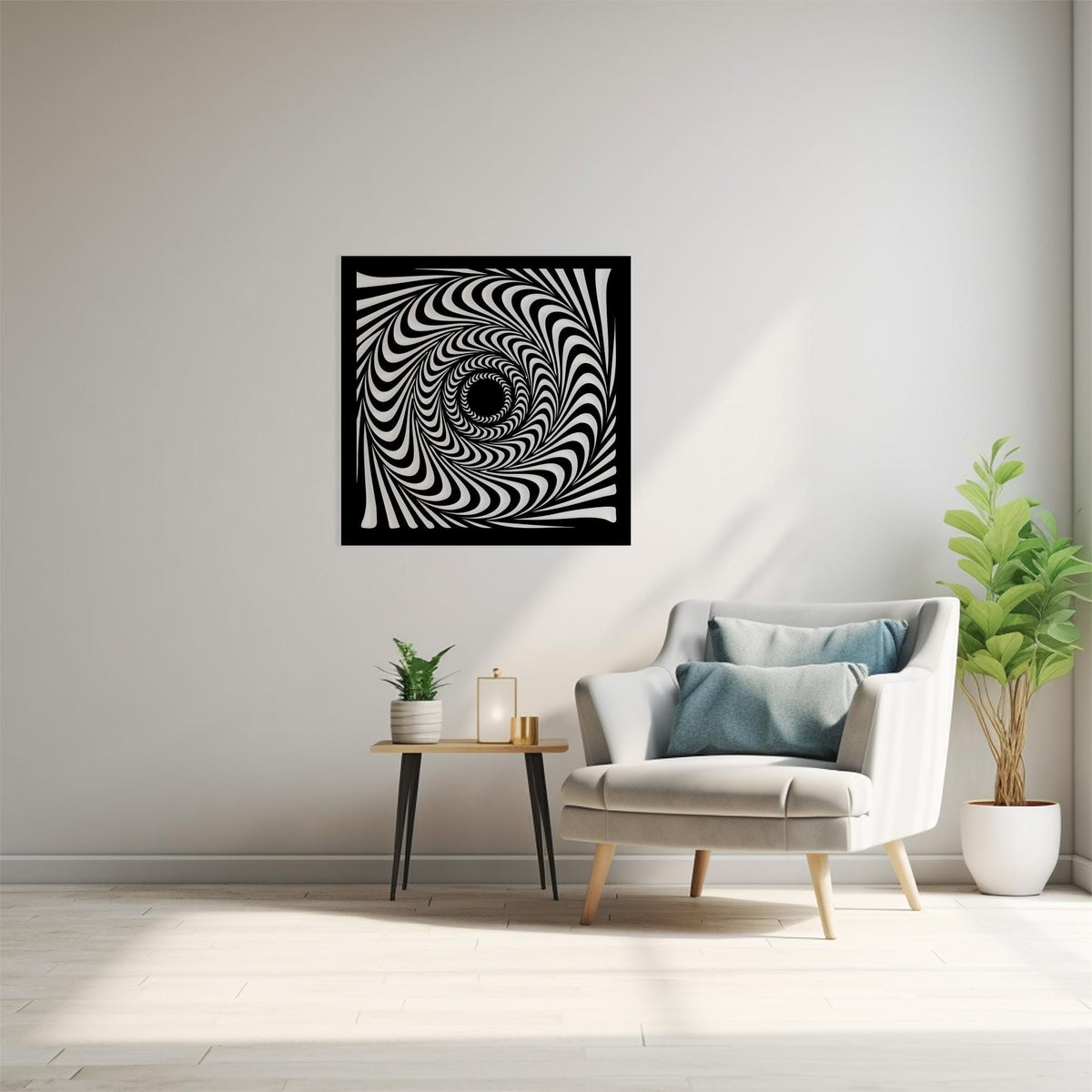 Hypnotic Spiral Metal Wall Art shown on a living room wall