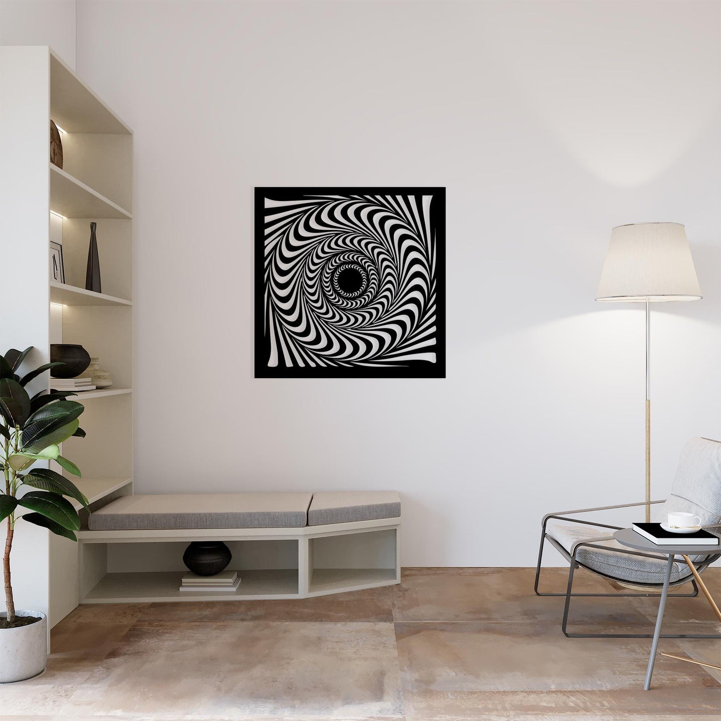 Hypnotic Spiral Metal Wall Art styled above a sofa