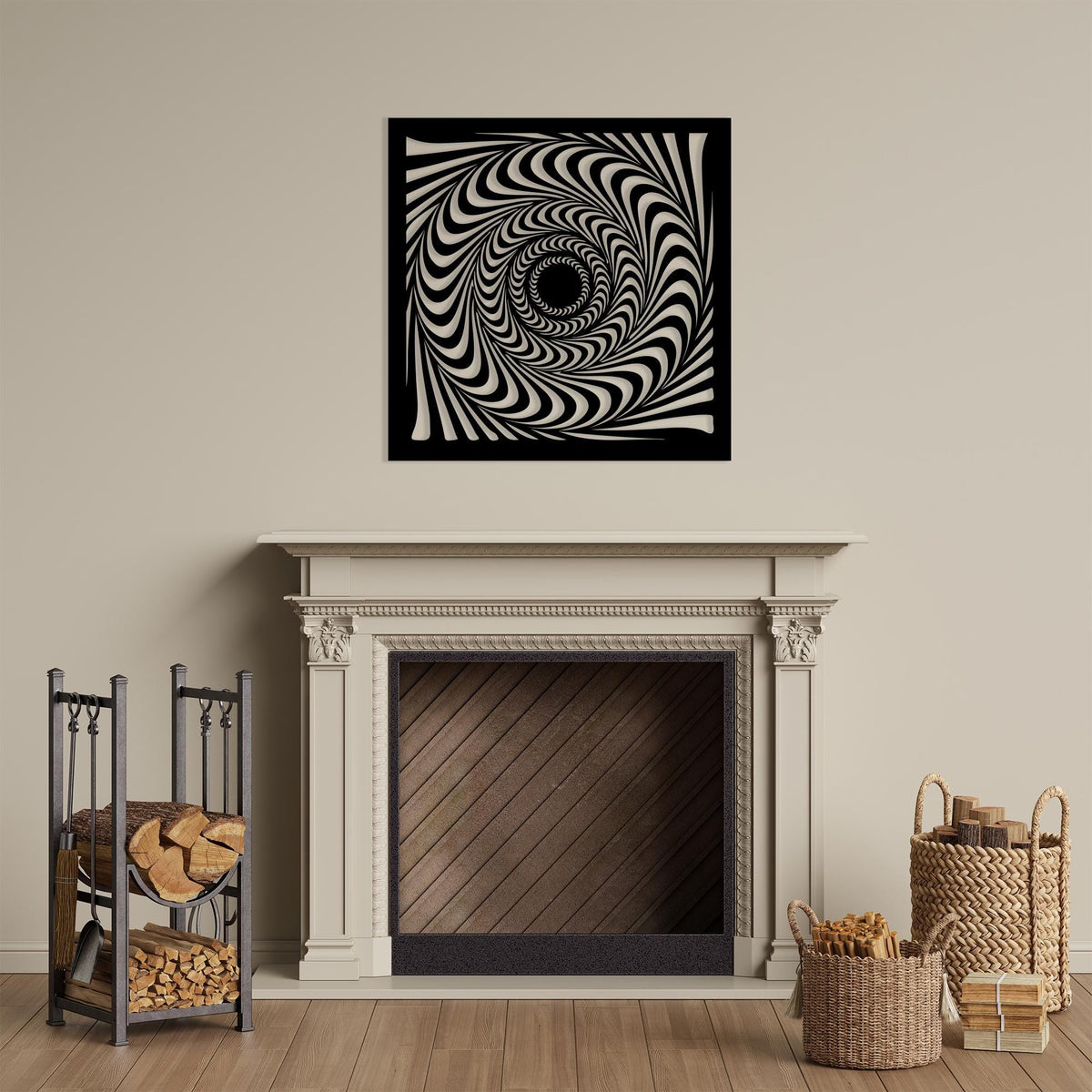Hypnotic Spiral Metal Wall Art in a modern hallway