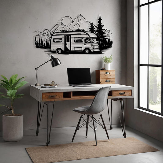 Camper Van Metal Wall Art shown on a living room wall