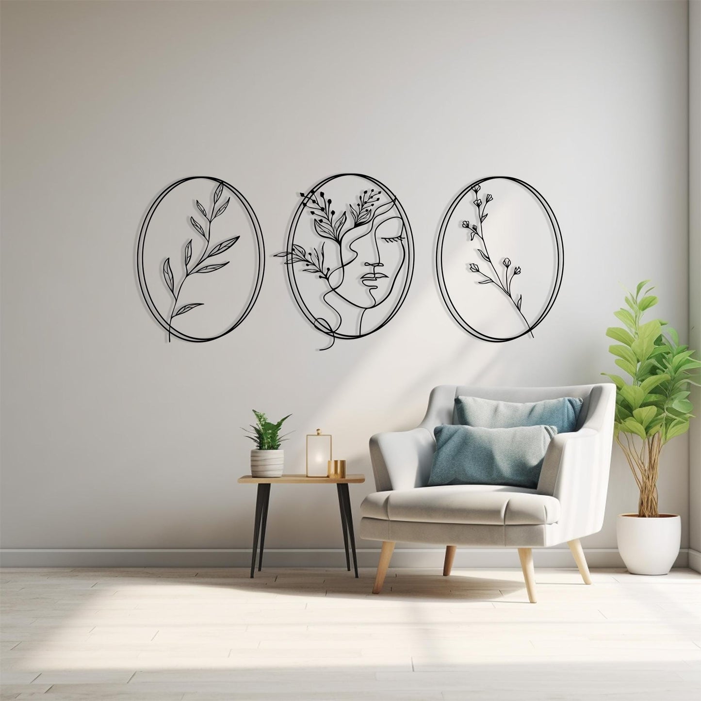 Minimalist Metal Wall Art Set, Woman Face Line Decor, Abstract Botanical Sign, 3 Piece | Wallsignature