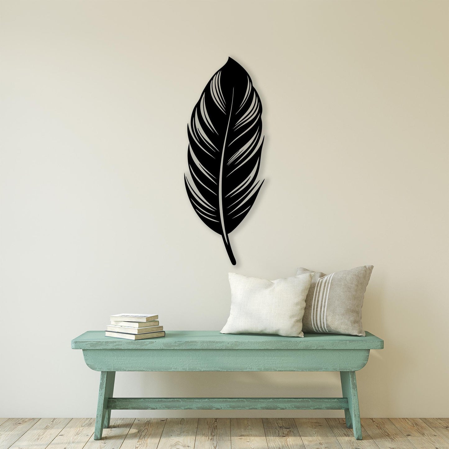 Large Metal Feather Wall Art in a modern hallway