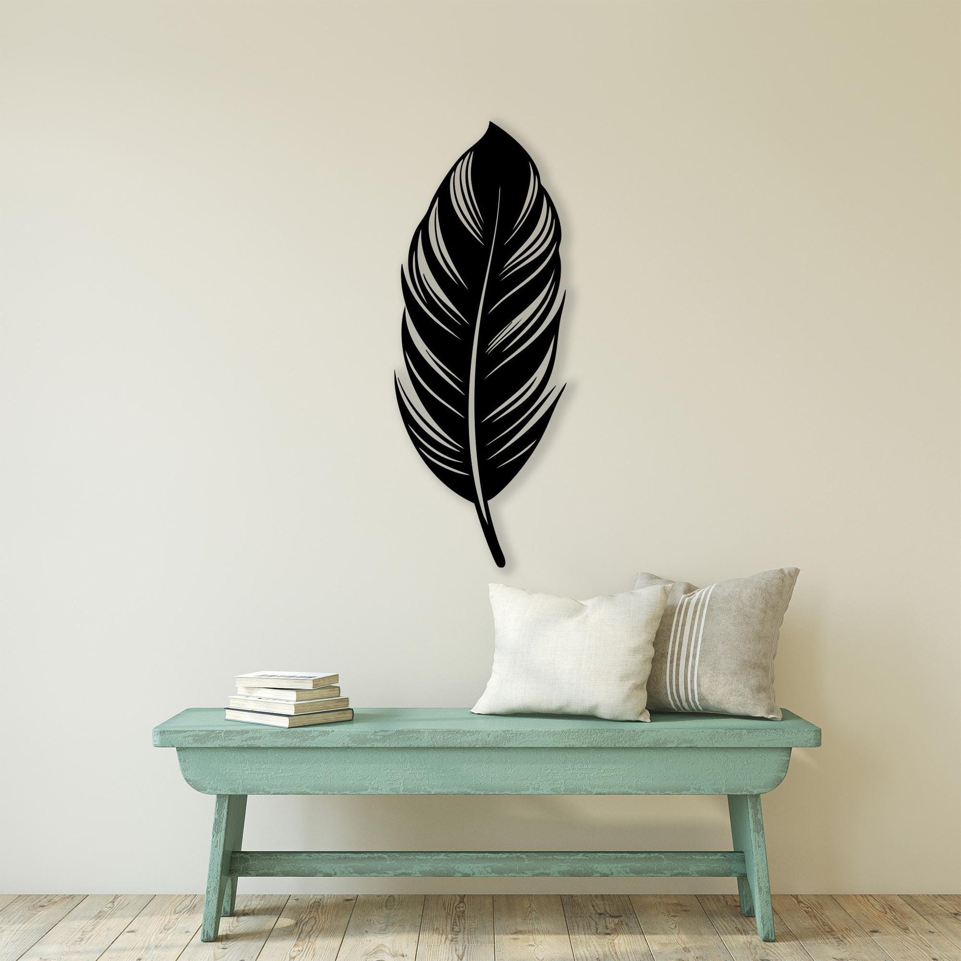 Large Metal Feather Wall Art in a modern hallway