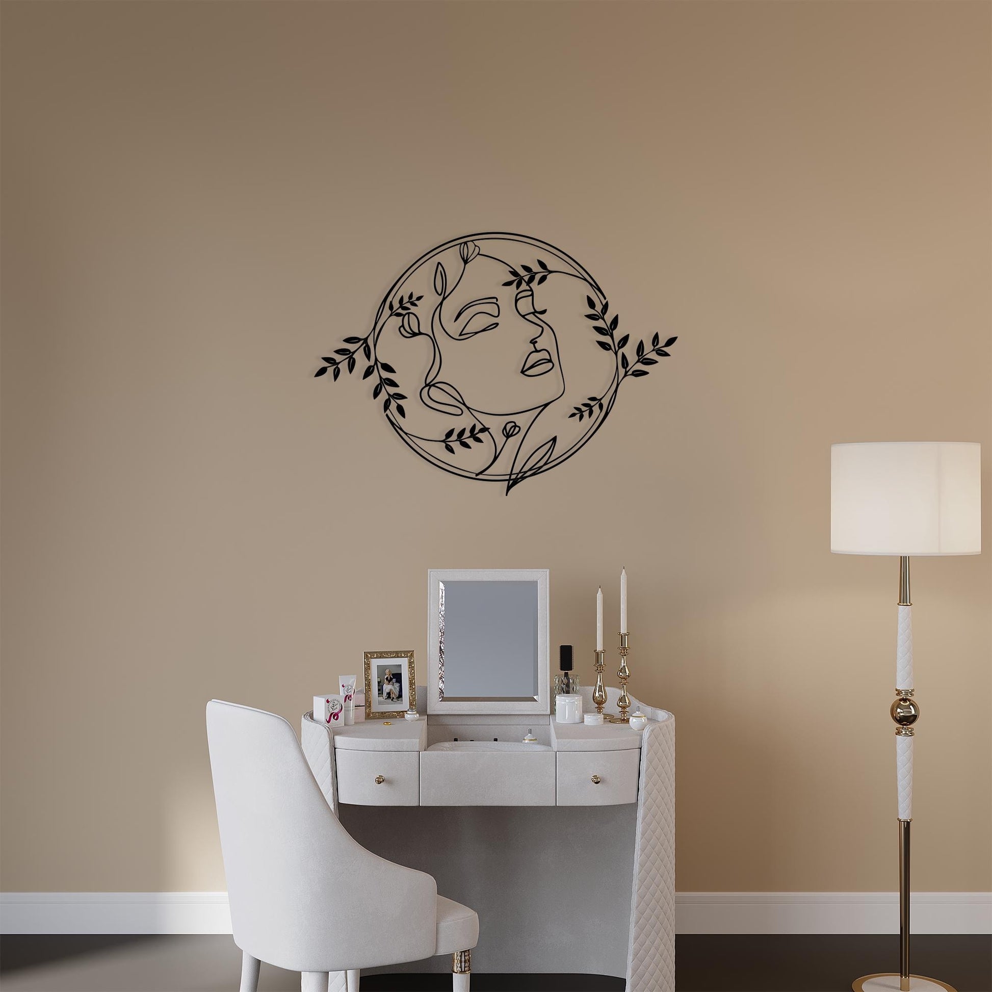 Abstract Face Metal Wall Art styled above a sofa