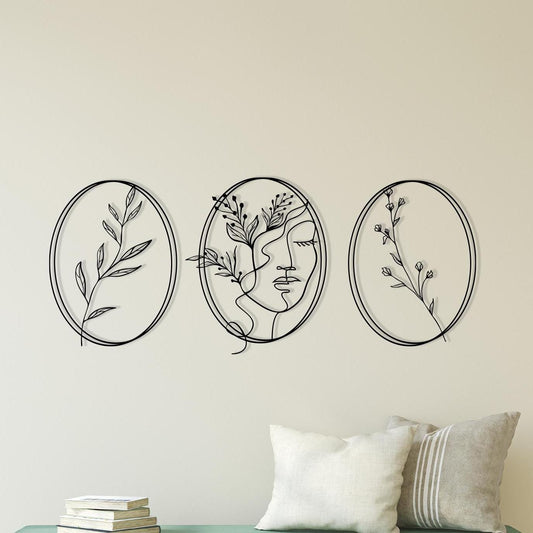 Minimalist Metal Wall Art Set, Woman Face Line Decor, Abstract Botanical Sign, 3 Piece | Wallsignature