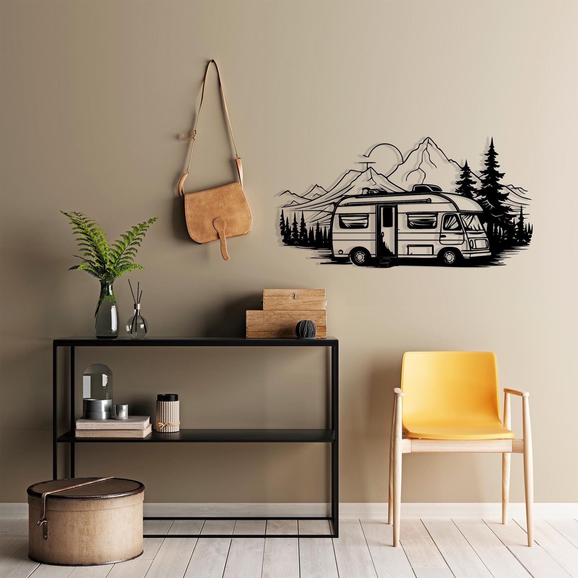 Camper Van Metal Wall Art in a modern hallway