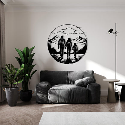 Hiking Family Metal Wall Art size guide with dimensions in cm and inches