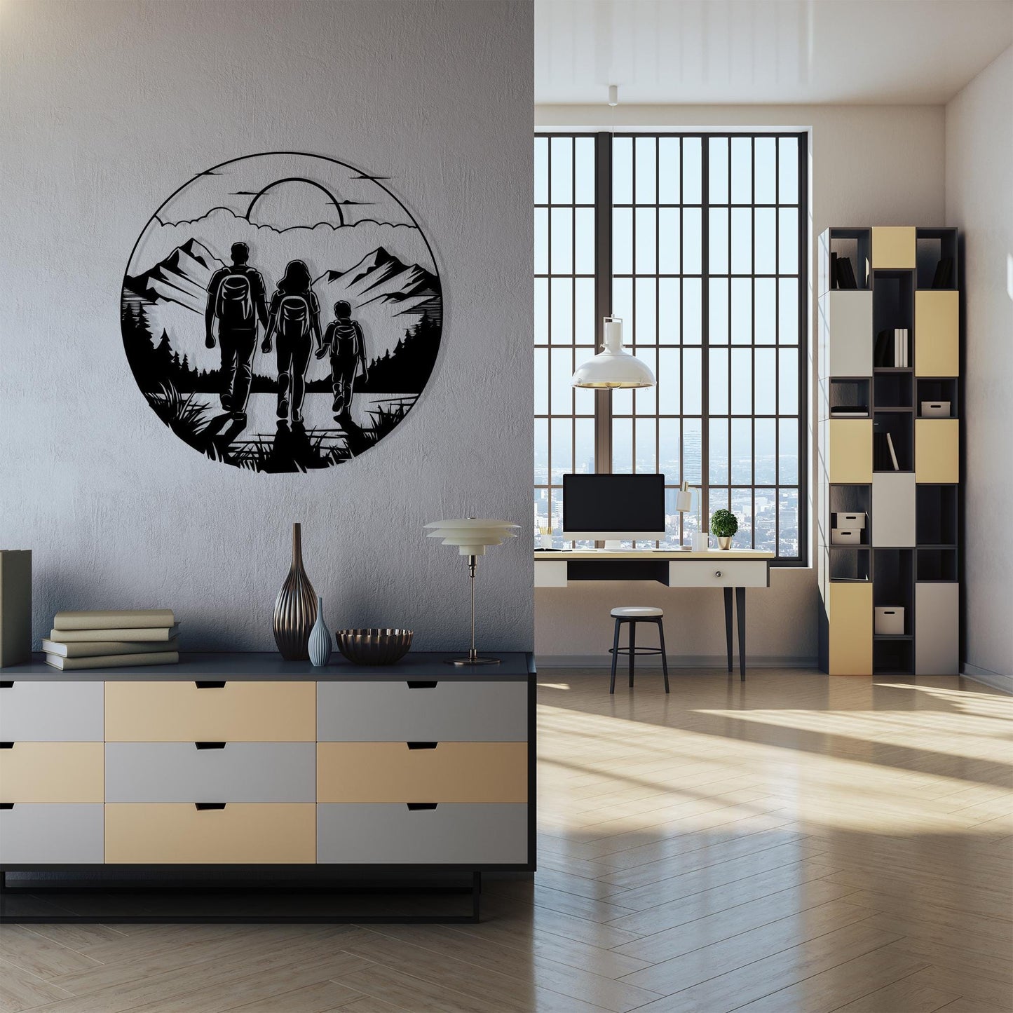 Hiking Family Metal Wall Art in a modern hallway