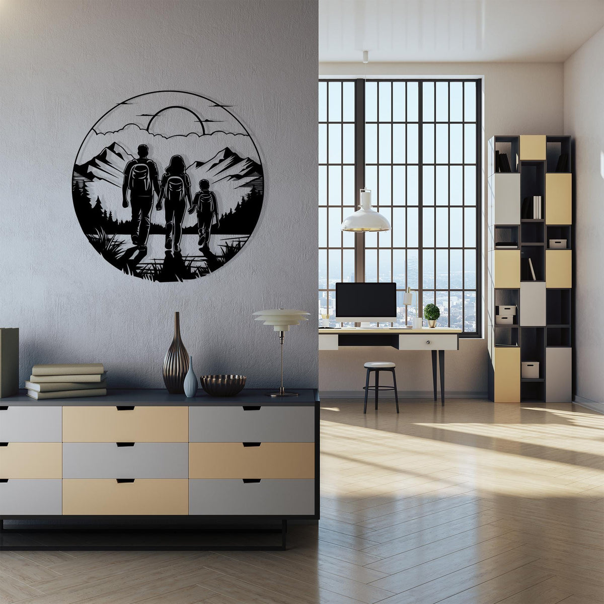 Hiking Family Metal Wall Art in a modern hallway
