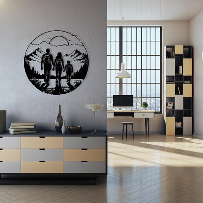 Hiking Family Metal Wall Art in a modern hallway