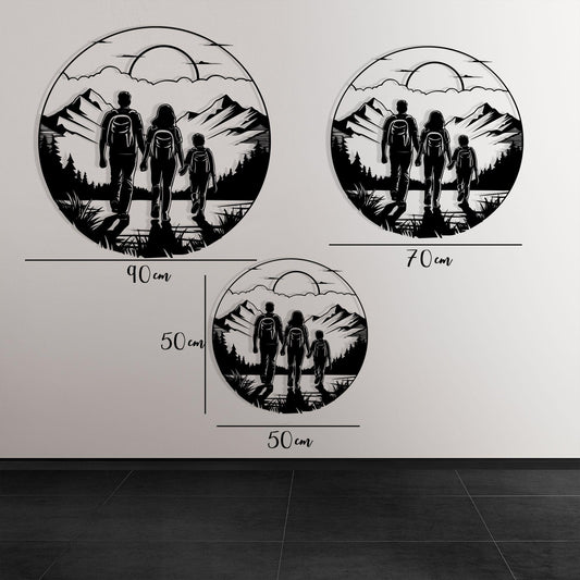 Hiking Family Metal Wall Art shown on a living room wall