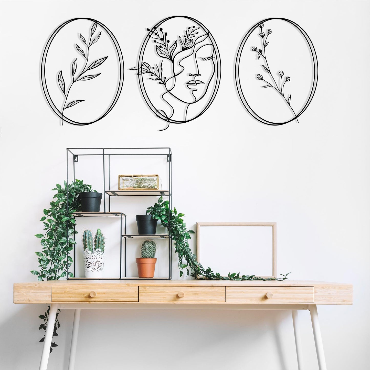 Minimalist Metal Wall Art Set, Woman Face Line Decor, Abstract Botanical Sign, 3 Piece | Wallsignature