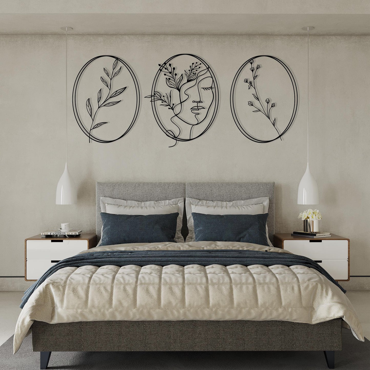 Minimalist Metal Wall Art Set in a modern hallway