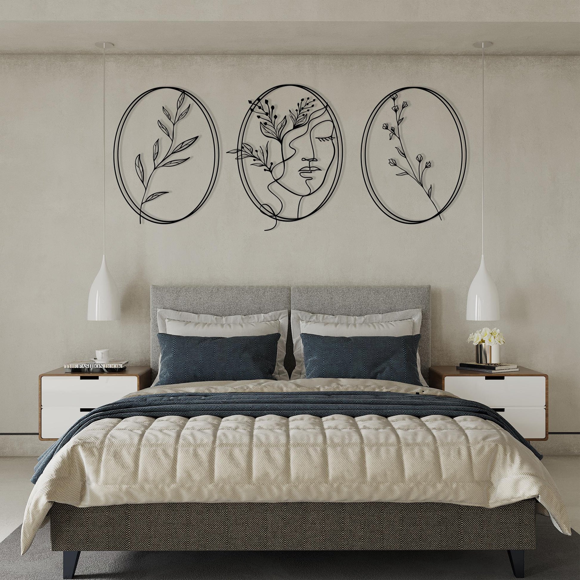 Minimalist Metal Wall Art Set in a modern hallway