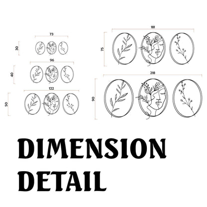 Minimalist Metal Wall Art Set size guide with dimensions in cm and inches