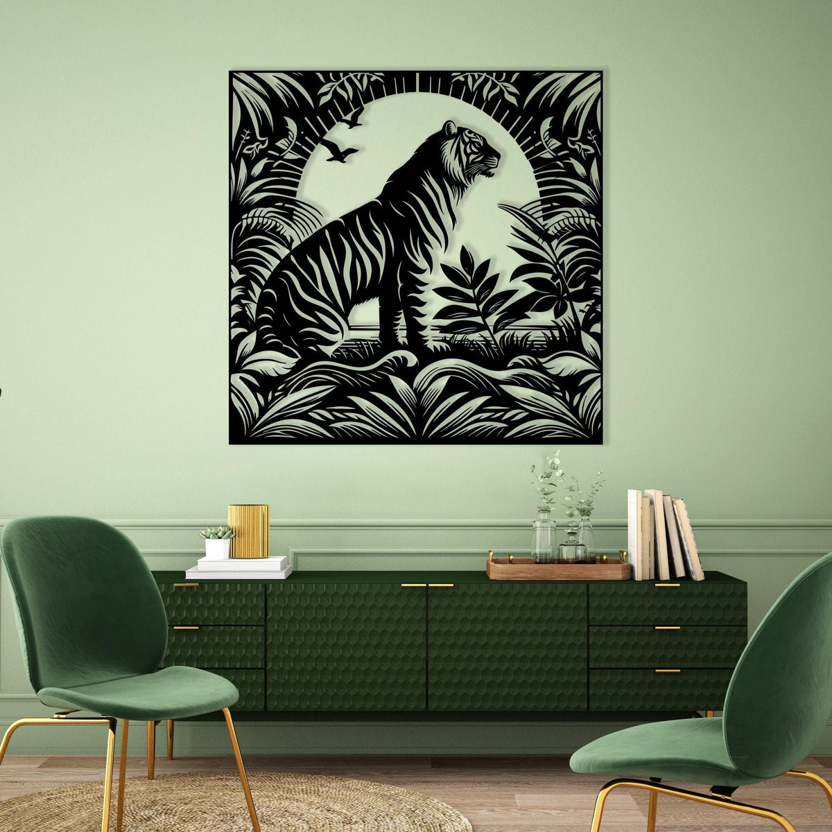 Tiger Metal Wall Art size guide with dimensions in cm and inches