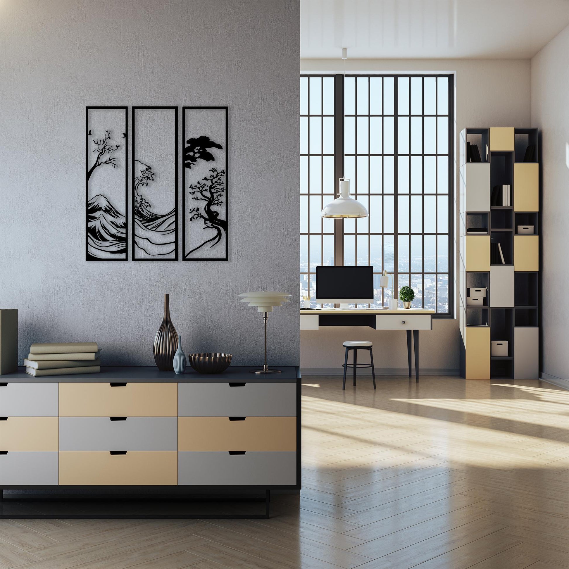 Japanese Metal Wall Art Set bedroom interior styling
