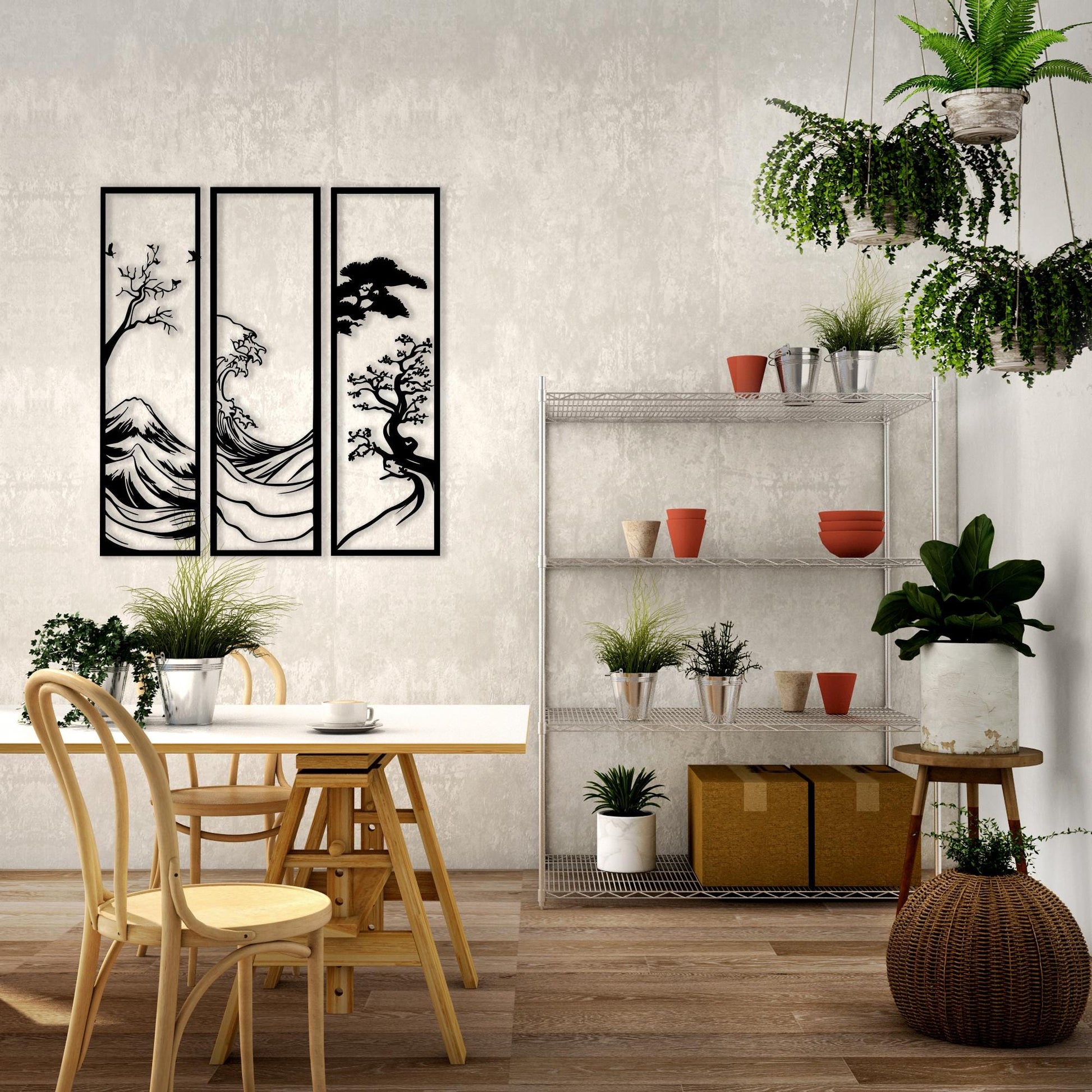 Japanese Metal Wall Art Set, Wave & Mount Fuji Decor, 3 Piece Japandi Sign | Wallsignature