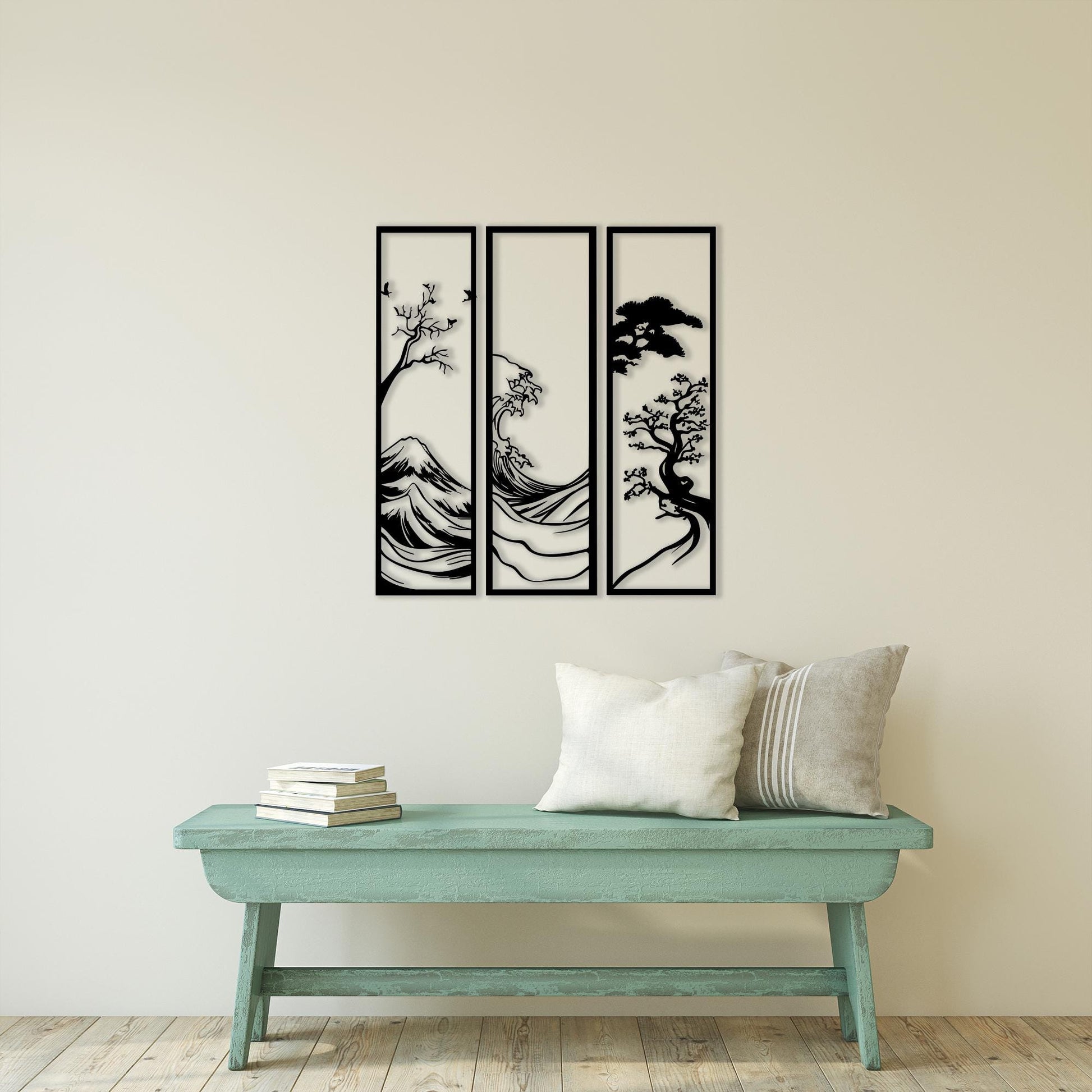 Japanese Metal Wall Art Set, Wave & Mount Fuji Decor, 3 Piece Japandi Sign | Wallsignature