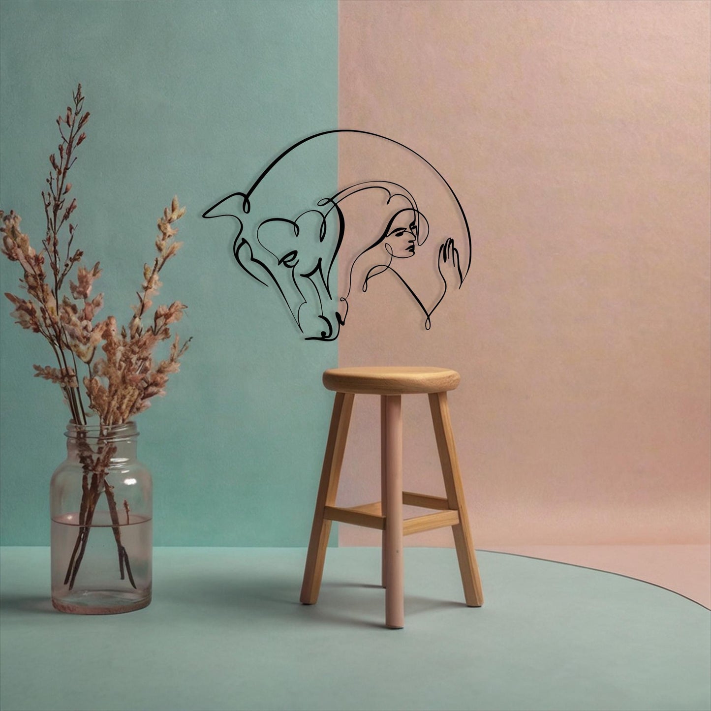 Modern Metal Wall Art, Woman and Horse Line Drawing