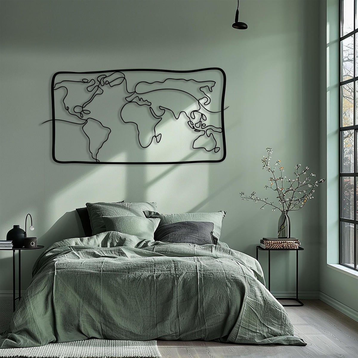 Modern Metal World Map Wall Art in a modern hallway
