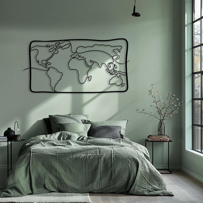 Modern Metal World Map Wall Art in a modern hallway