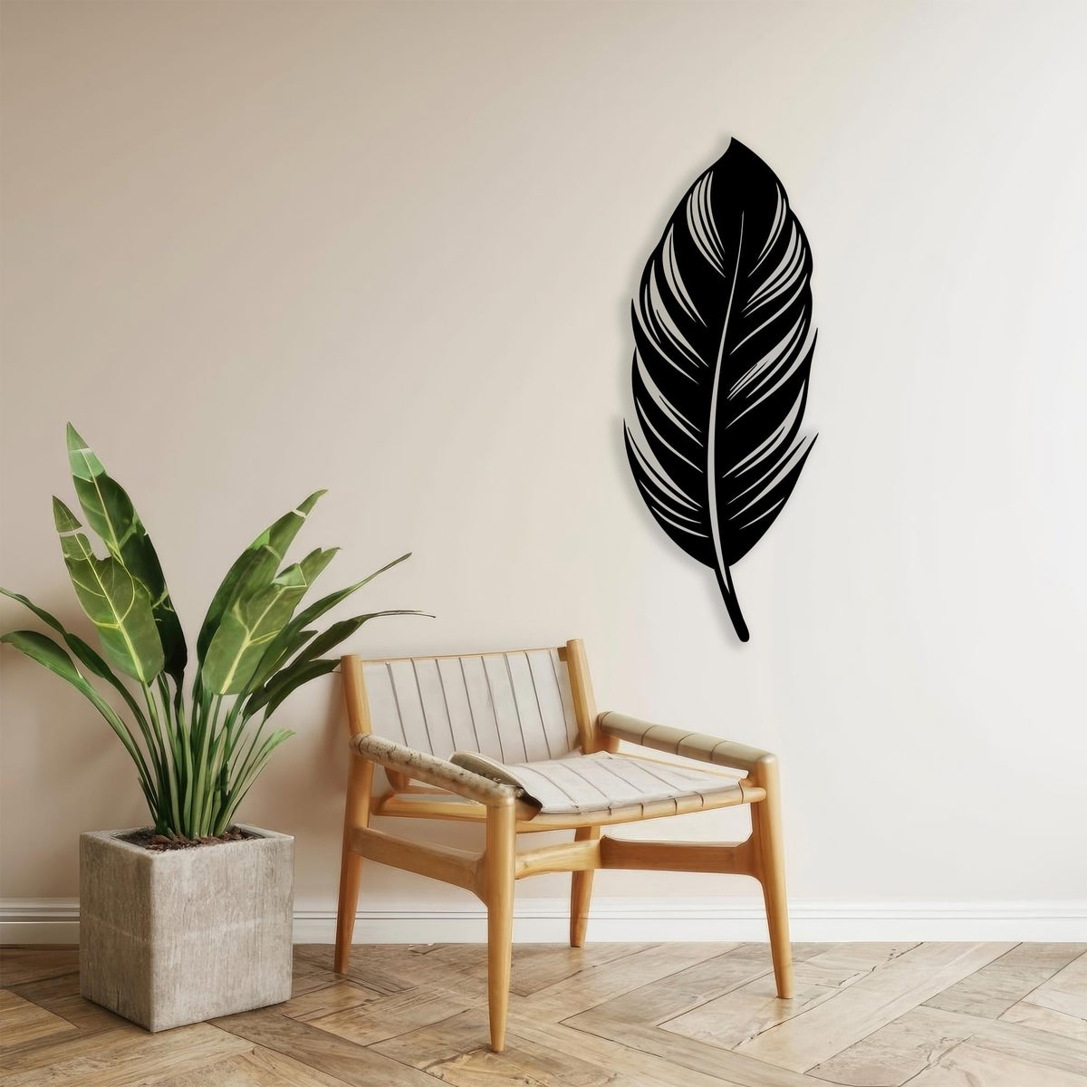Large Metal Feather Wall Art hanging hardware and mounting detail