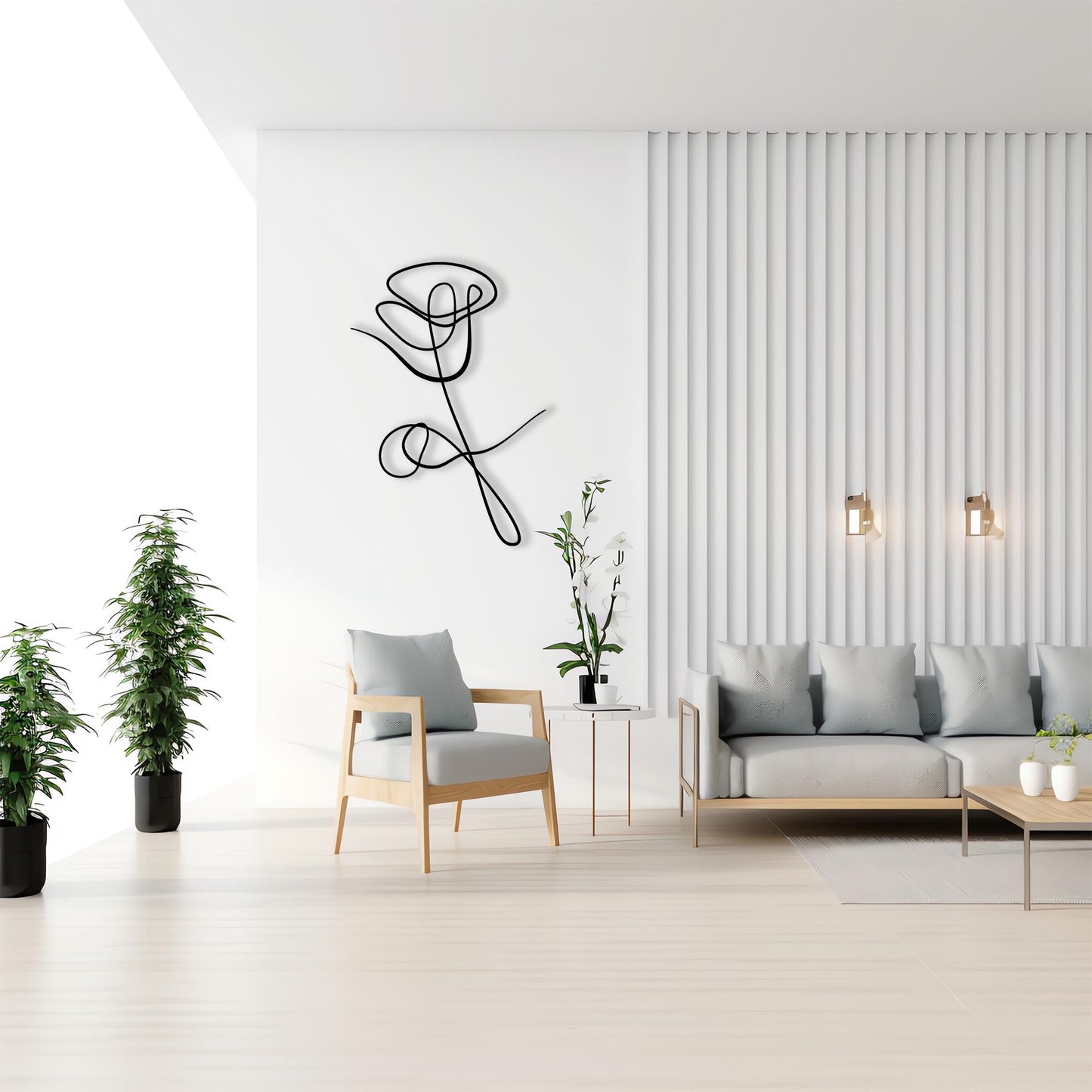 Minimalist Rose Metal Wall Art in a modern hallway