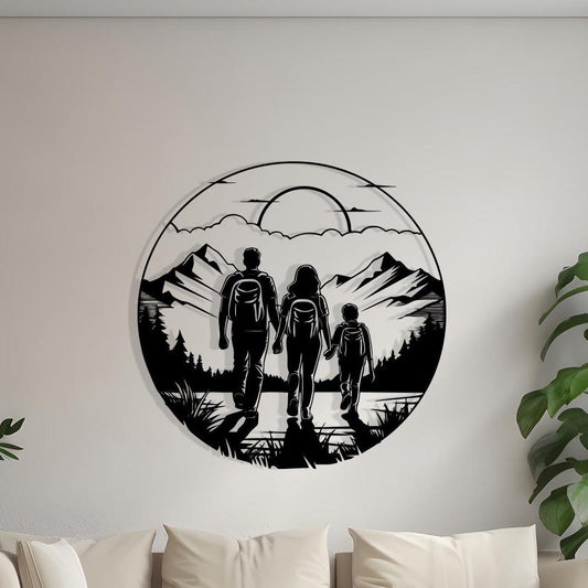 Hiking Family Metal Wall Art – laser-cut steel wall decor