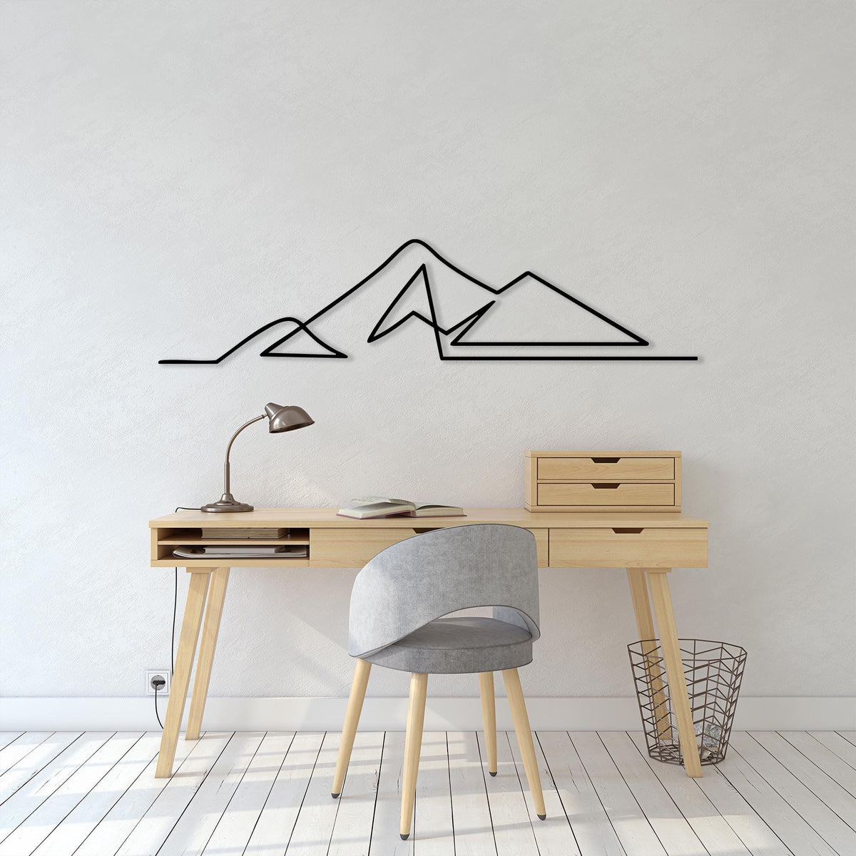 Minimalist Mountain Metal Wall Art in a modern hallway