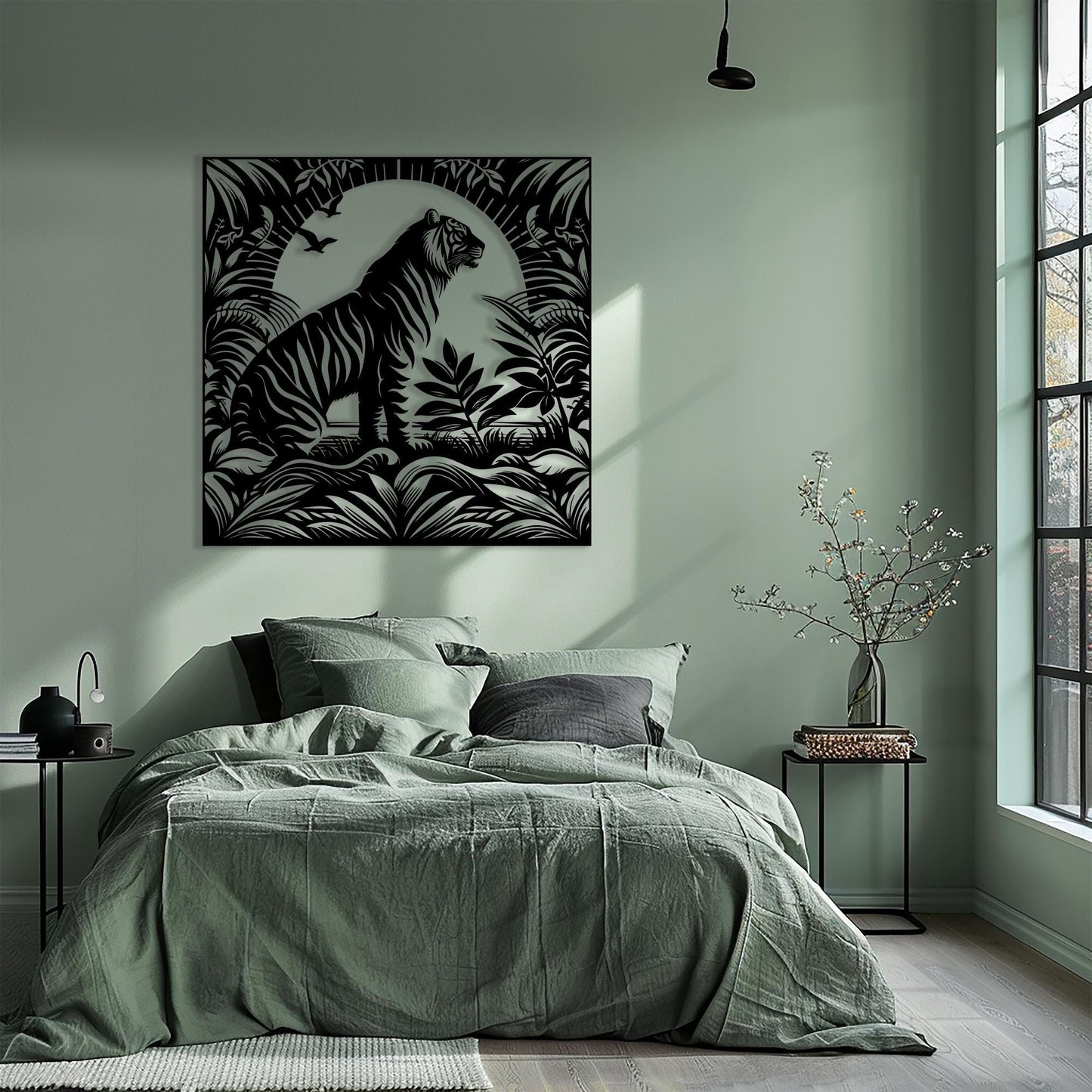 Tiger Metal Wall Art in a modern hallway
