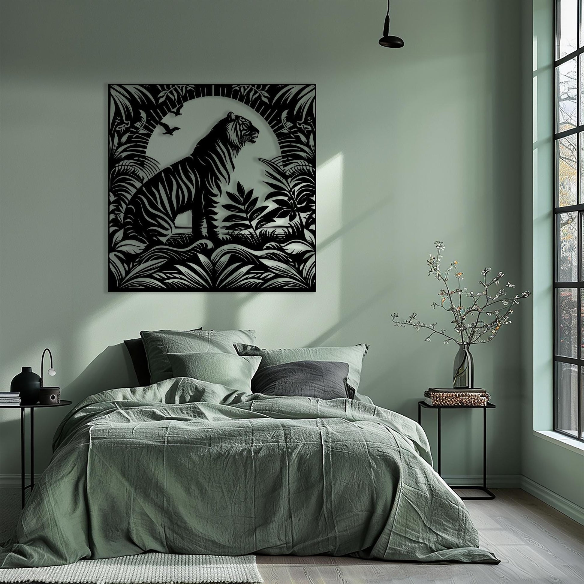 Tiger Metal Wall Art in a modern hallway