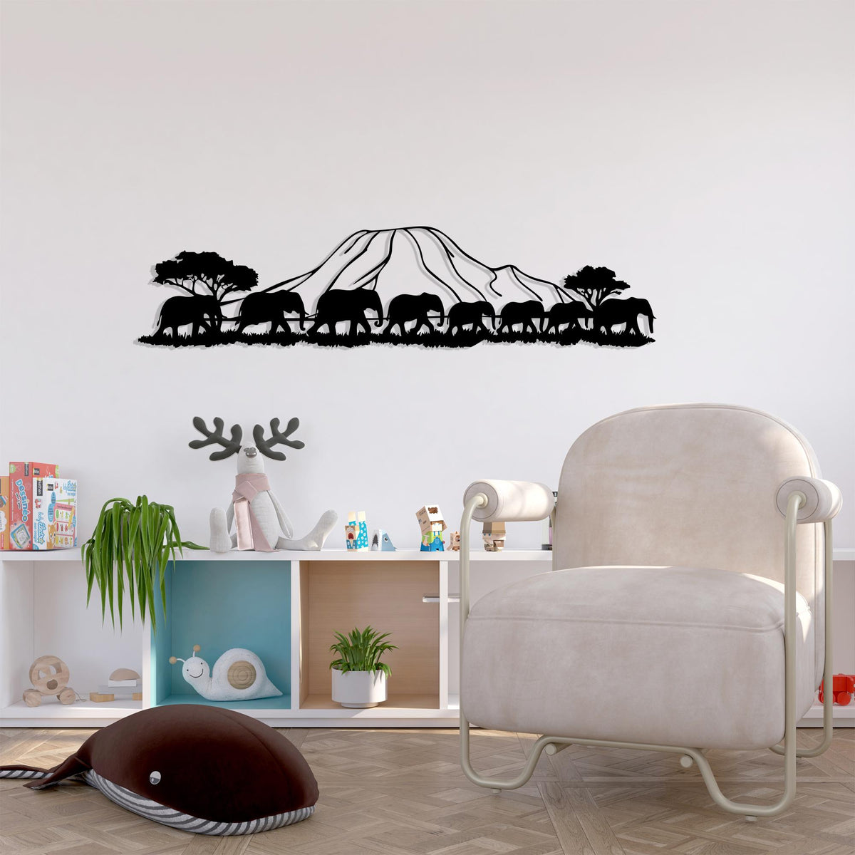 Kilimanjaro Elephant Metal Wall Art in a modern hallway