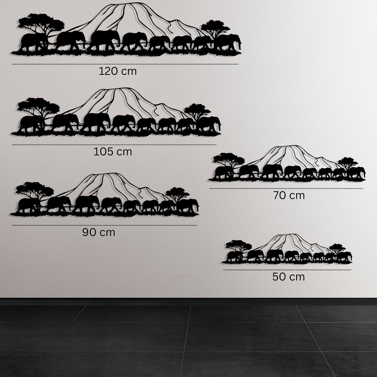 Kilimanjaro Elephant Metal Wall Art size guide with dimensions in cm and inches