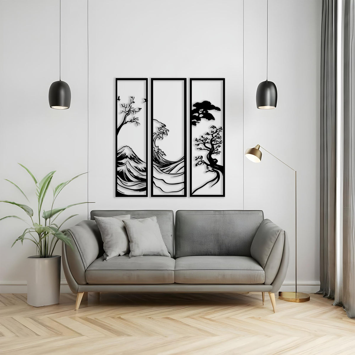 Japanese Metal Wall Art Set in a modern hallway
