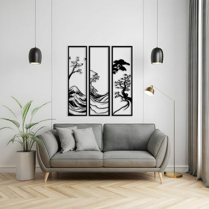 Japanese Metal Wall Art Set in a modern hallway