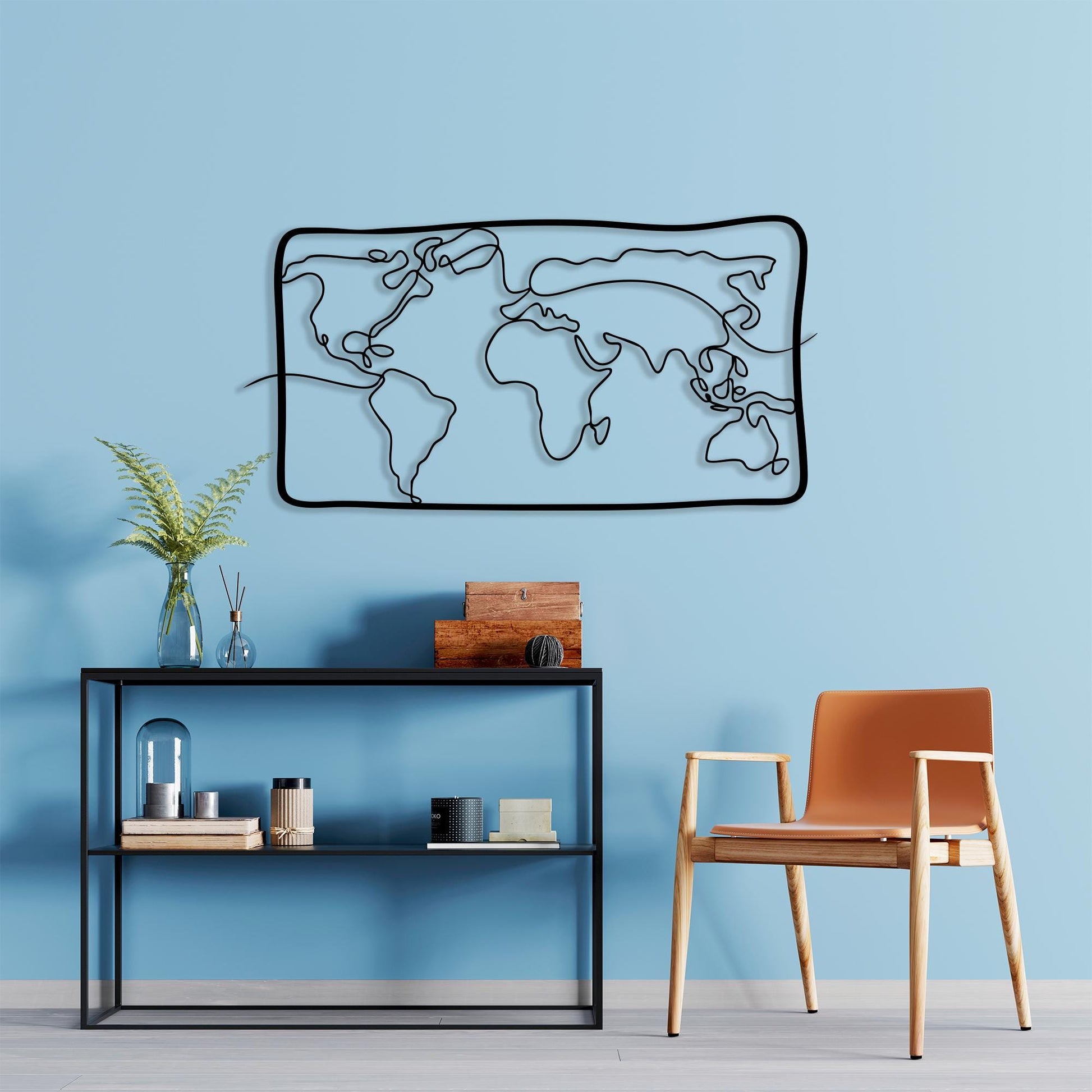 Modern Metal World Map Wall Art detail of the metal edge