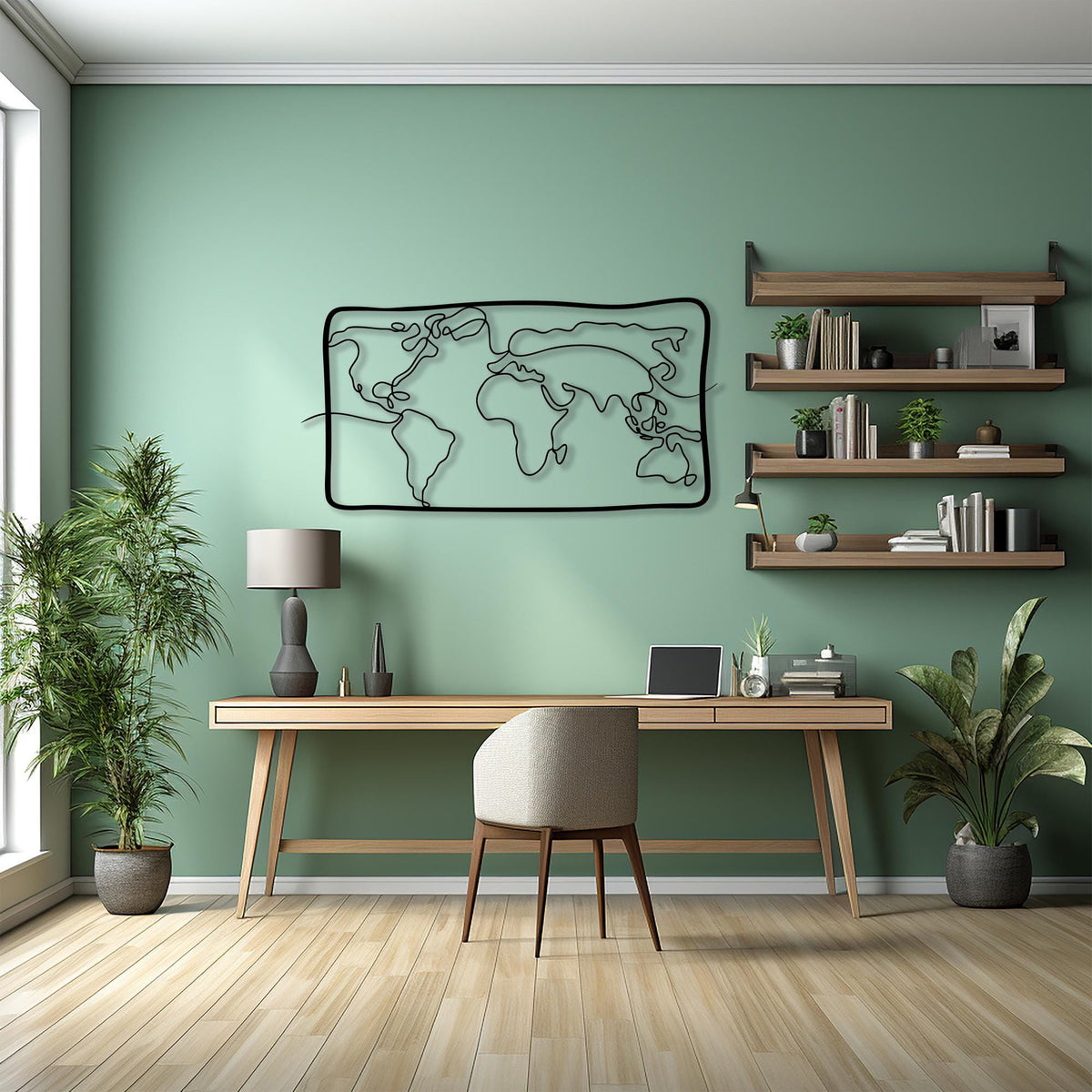 Modern Metal World Map Wall Art hanging hardware and mounting detail
