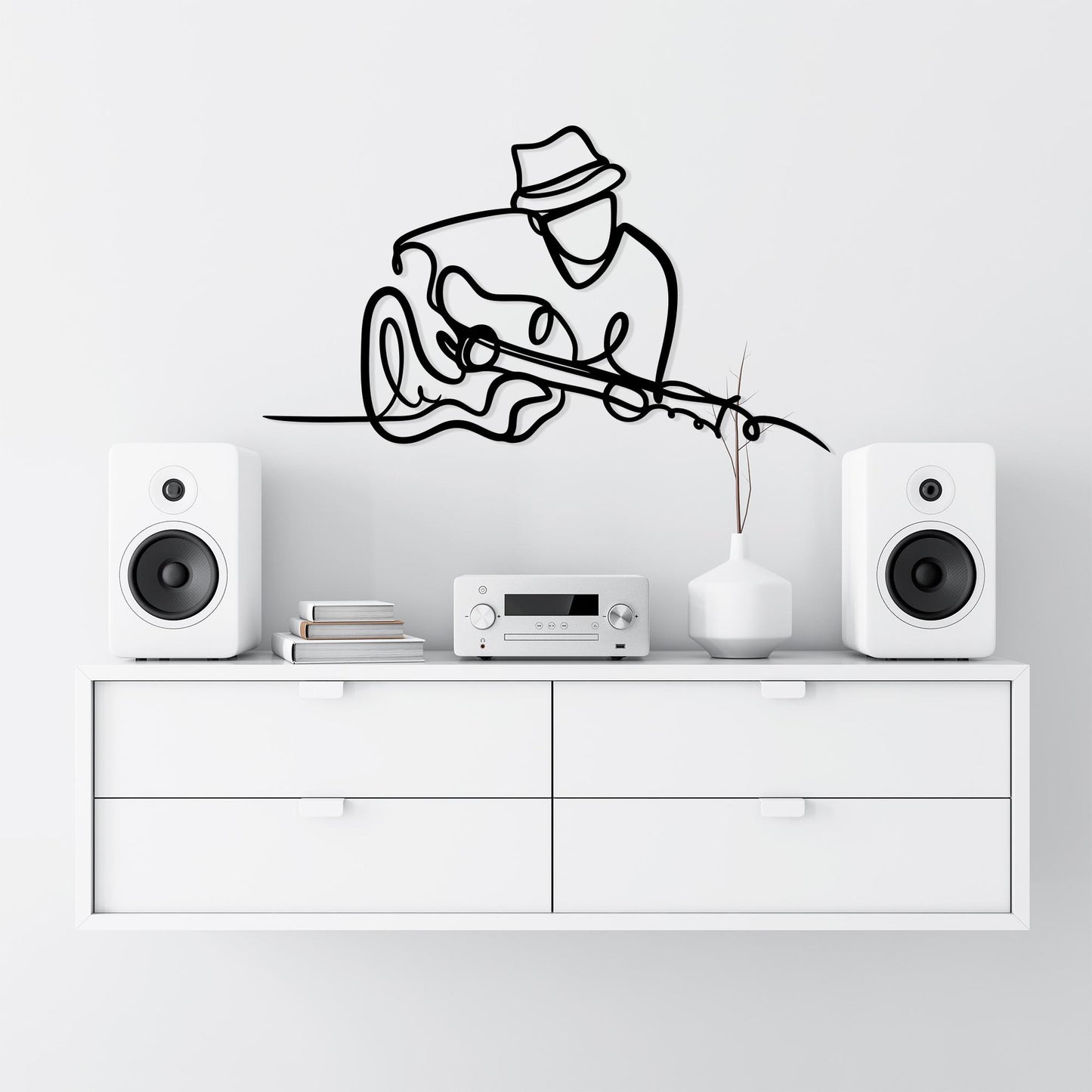 Guitarist Metal Wall Art size guide with dimensions in cm and inches